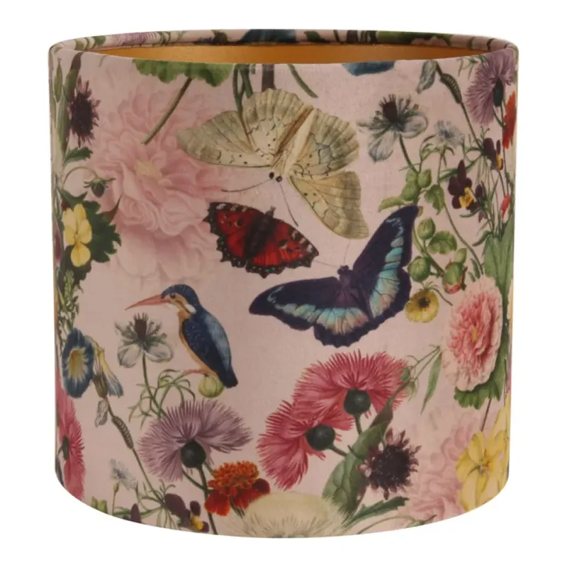 Bentley Lampenschirm, Samtstoff, botanischer Druck rosa, ø20cm. Romantischer Zylinder-Lampenschirm für Schweizer Zuhause.