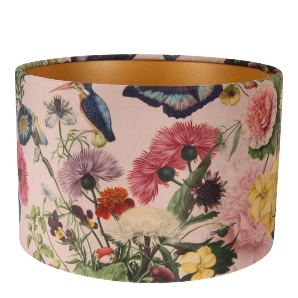 Bentley Lampenschirm Zylinder Botanisch Rosa Samt Ø20 cm Bentley Lampenschirm, Samtstoff, botanischer Druck rosa, ø20cm. Romantischer Zylinder-Lampenschirm für Schweizer Zuhause.