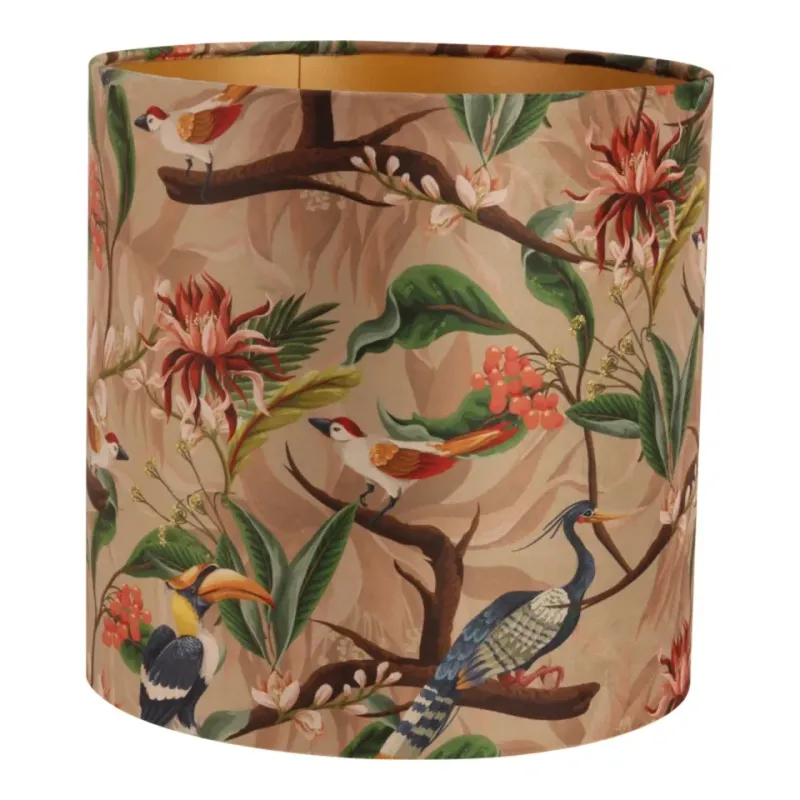 Hoher Bentley Samt-Lampenschirm mit exotischem Vogelmotiv in Braun, ø30cm. Naturinspirierter Blickfang im Schweizer Zuhause