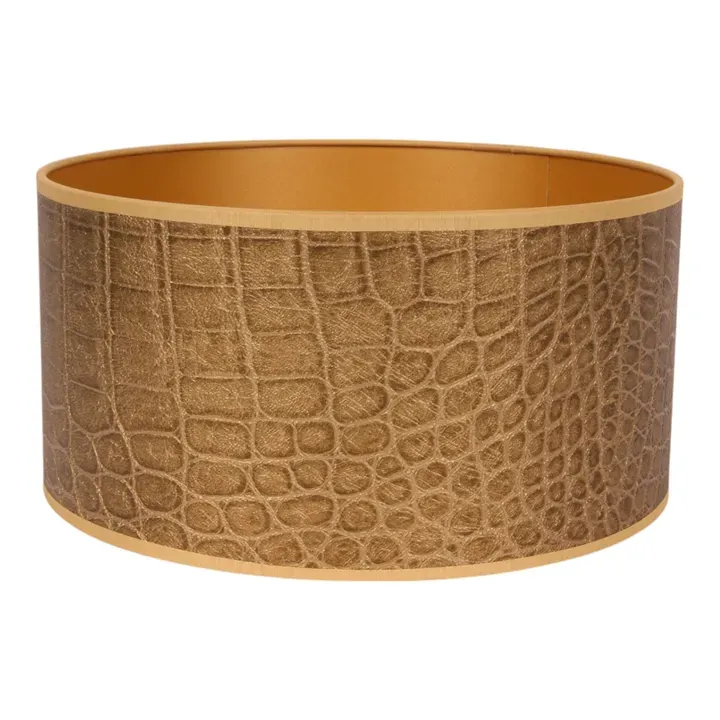  Bentley Zylinder-Lampenschirm in Gold mit Krokoprägung, ø30cm. Kompakter Blickfang für edle Schweizer Wohnwelten.