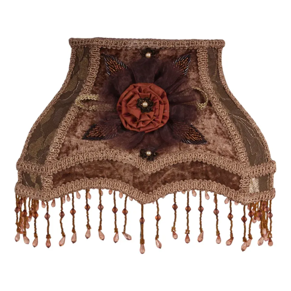 Rechteckiger Samt-Lampenschirm Victorian in Goldbraun mit Stoffrose &amp; Perlenfransen, 31x24cm. Barocker Blickfang fürs Zuhause
