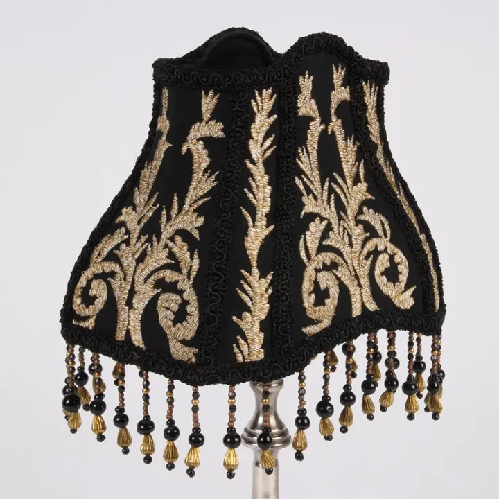Lampenschirm Victorian Schwarz Gold Stickerei Fransen 20x15 cm