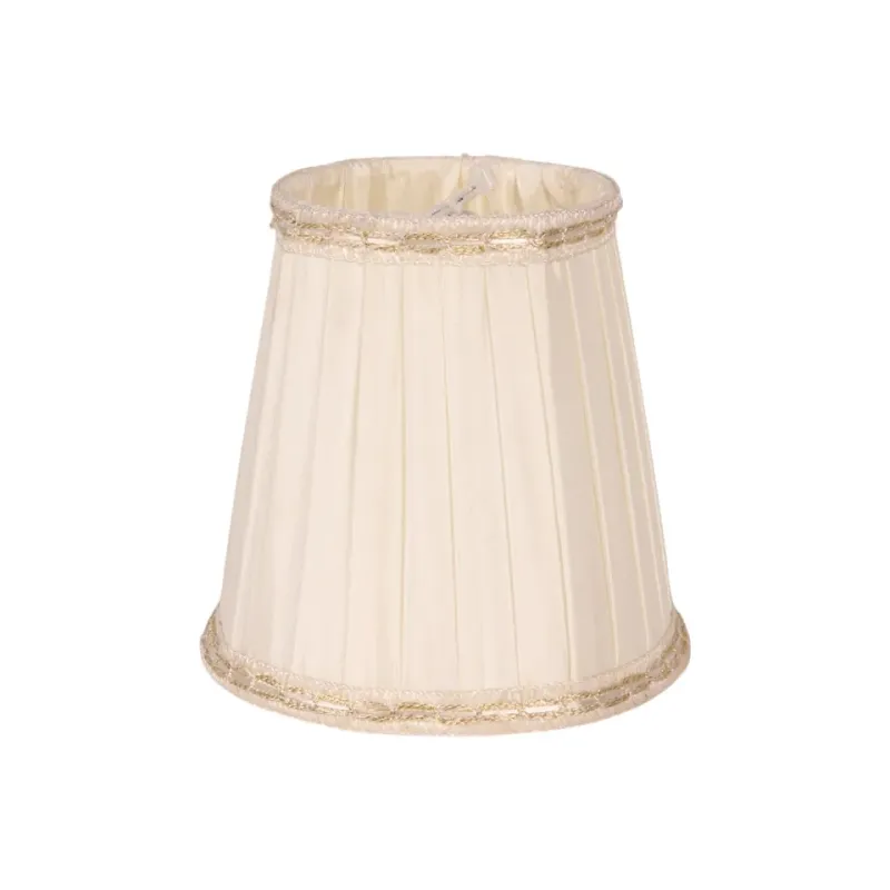 Klemm-Lampenschirm Plissee Seide Creme Weiss Goldborte Ø12 cm Plissierter Seiden-Klemm-Lampenschirm in Creme-Weiss mit Goldborte, ø12cm. Edler Akzent für Kronleuchter im Schweizer Zuhause