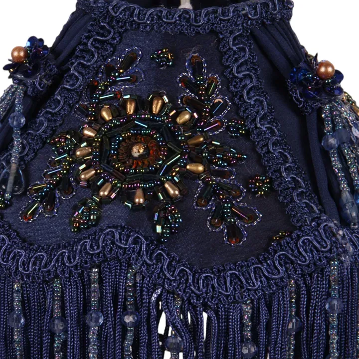 Klemm-Lampenschirm Victorian Blau Samt Stickerei Fransen Ø19 cm