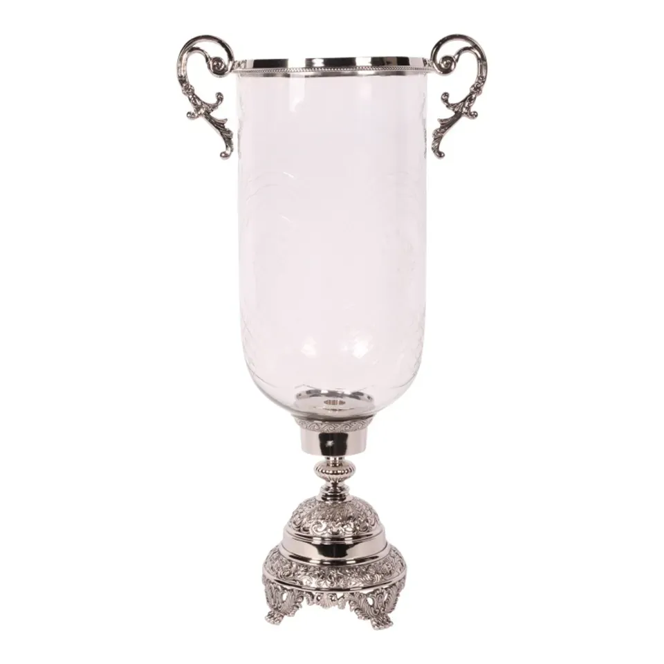 Versilberte Sturmlaterne Hurricane Assiya mit Griffen &amp; Glas, 59.5cm. Imposanter Blickfang fürs Schweizer Zuhause