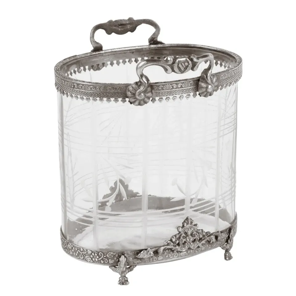 Teelichthalter Vase Oval Silber Messing Schliffglas 19 cm Ovales Barock-Glasgefäss in Silber mit Henkeln & Schliffglas, 19cm. Vielseitiges Deko-Highlight fürs Zuhause.