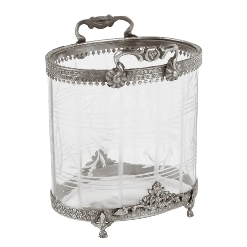 Teelichthalter Vase Oval Silber Messing Schliffglas 19 cm Ovales Barock-Glasgefäss in Silber mit Henkeln & Schliffglas, 19cm. Vielseitiges Deko-Highlight fürs Zuhause.