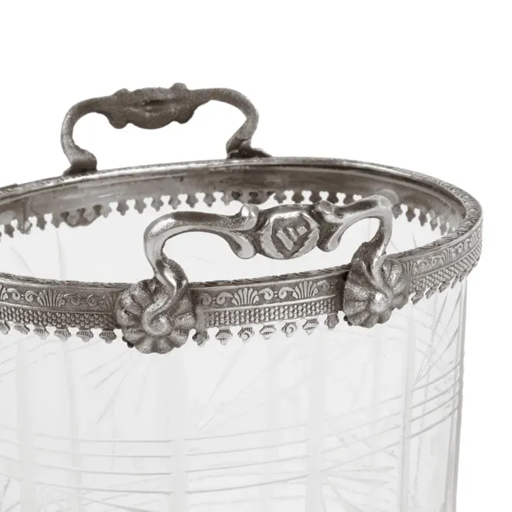 Teelichthalter Vase Oval Silber Messing Schliffglas 19 cm