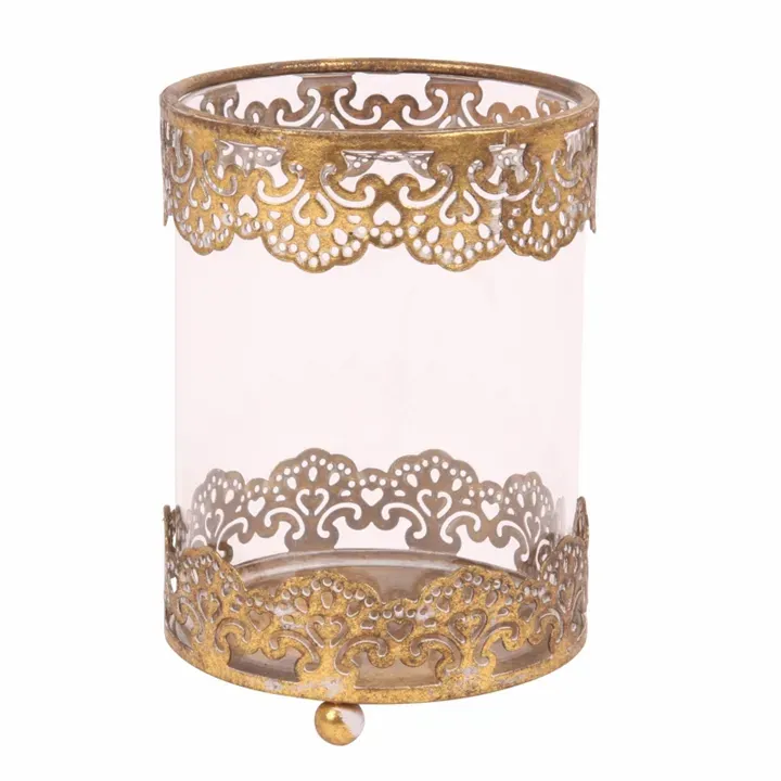 Windlicht Hurricane Oriental Gold Eisen Glas 15 cm Goldendes Oriental-Windlicht aus Eisen & Glas mit Spitzenmuster, 15cm. Boho-Charme fürs Schweizer Zuhause