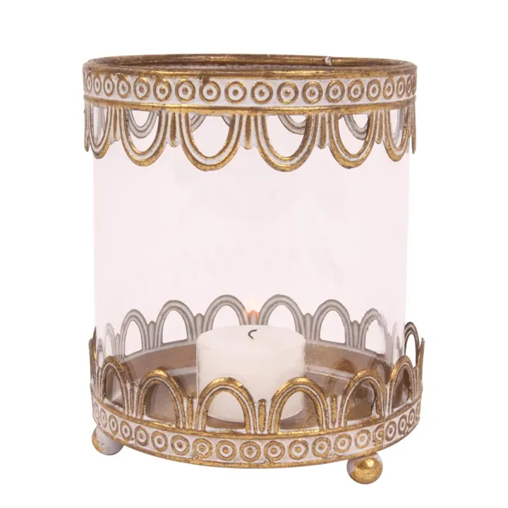 Windlicht Hurricane Oriental Gold Weiss Eisen Glas 13 cm Gold-weisses Oriental-Windlicht aus Eisen & Glas mit Bogenmuster, 13cm. Boho-Charme fürs Schweizer Zuhause.