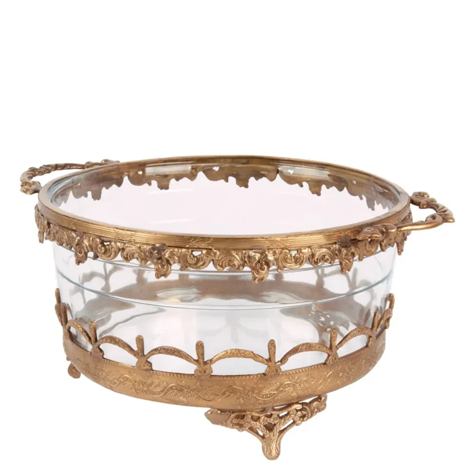 Teelichthalter Schale Gold Messing Glas Henkel 14 cm Goldene Barock-Schale aus Messing & Glas mit Henkeln, 14cm. Vielseitiges Deko-Gefäss für Schweizer Räume.