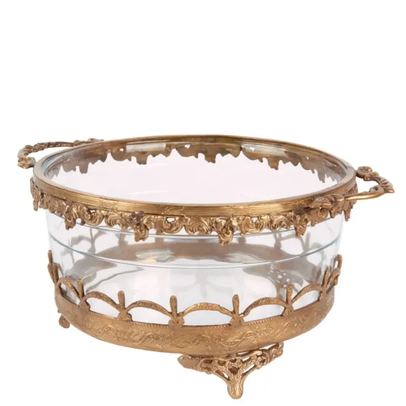 Teelichthalter Schale Gold Messing Glas Henkel 14 cm Goldene Barock-Schale aus Messing & Glas mit Henkeln, 14cm. Vielseitiges Deko-Gefäss für Schweizer Räume.