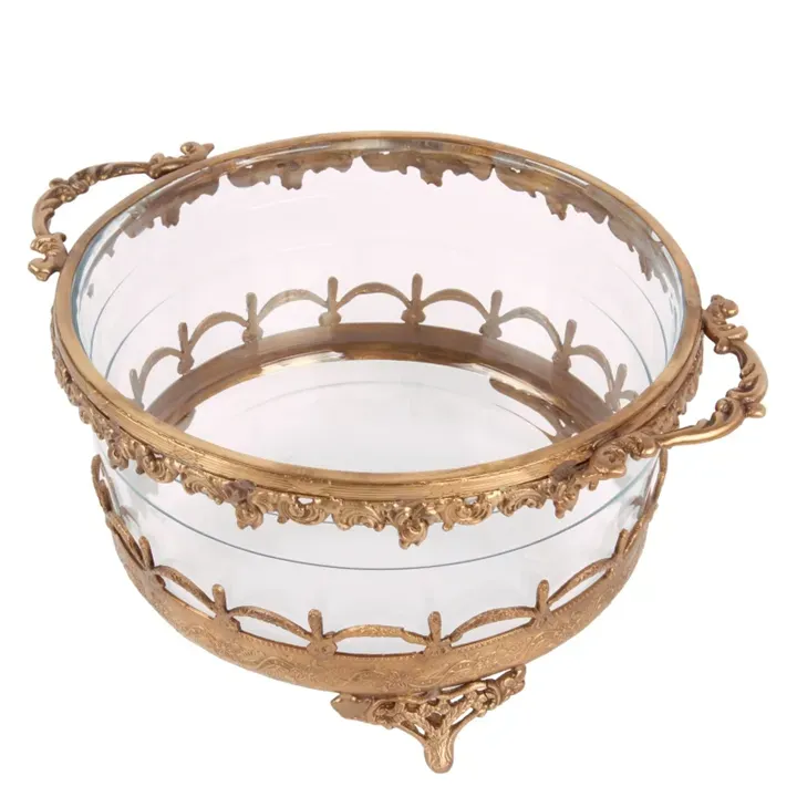 Teelichthalter Schale Gold Messing Glas Henkel 14 cm