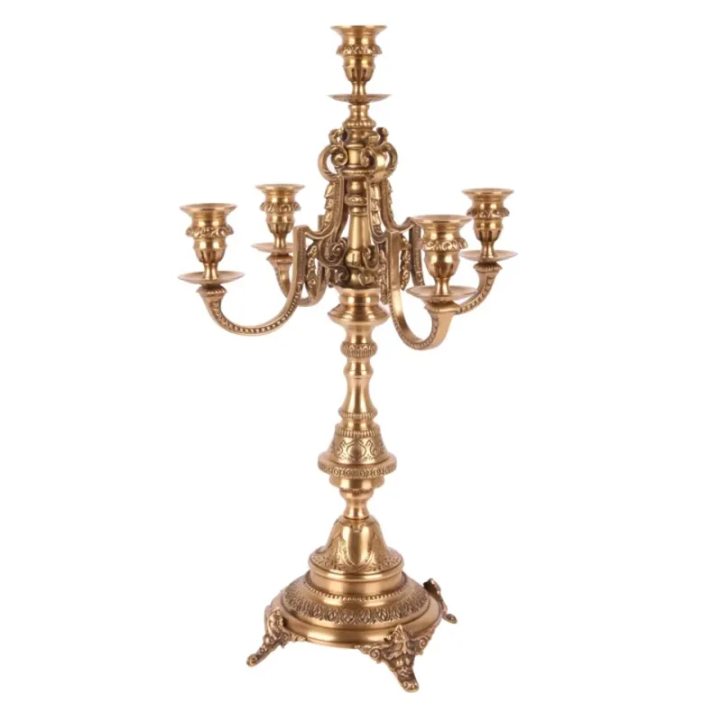 Armleuchter Kerzenhalter 5-armig Gold Messing 53 cm Goldener Messing-Armleuchter 5-armig mit Barock-Ornamenten, 53cm hoch. Edler Kandelaber für das Schweizer Zuhause.