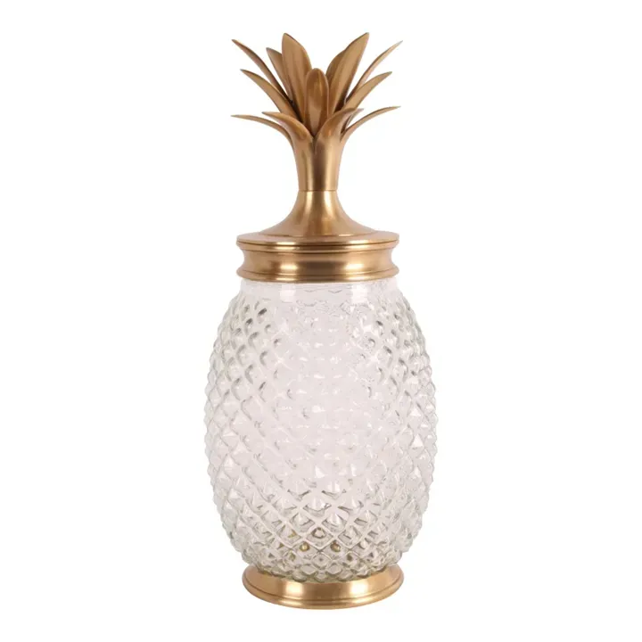 Glasgefäss Ananas mit Deckel Gold Messing 43 cm Glasgefäss Ananas mit goldenem Messingdeckel, 43cm. Tropische Deko-Dose für das Schweizer Zuhause.