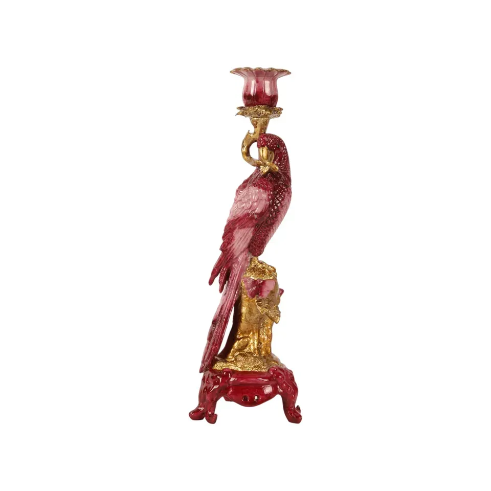Papageien Kerzenhalter Rot Gold Kunstharz Barock 33 cm Roter Papageien-Kerzenhalter aus Kunstharz mit Goldakzenten, 33cm. Exotische Barock-Deko für das Schweizer Zuhause.