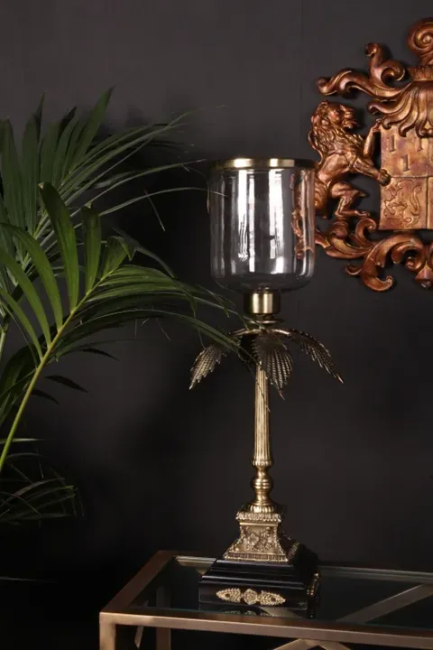 Hurricane Windlicht Palme Gold Messing Glas 60 cm