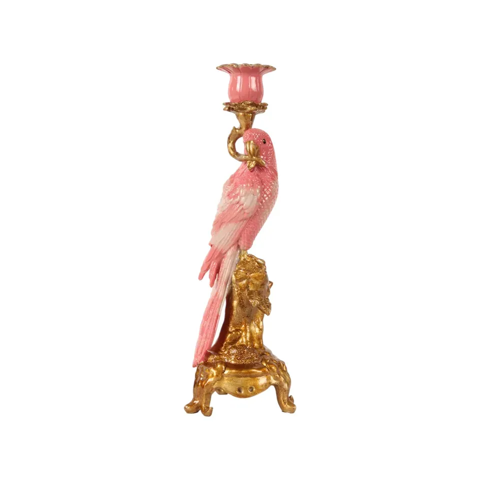 Papageien Kerzenhalter Rosa Gold Kunstharz Barock 33 cm Rosa Papageien-Kerzenhalter aus Kunstharz mit Goldakzenten, 33cm. Exotische Barock-Deko für das Schweizer Zuhause.