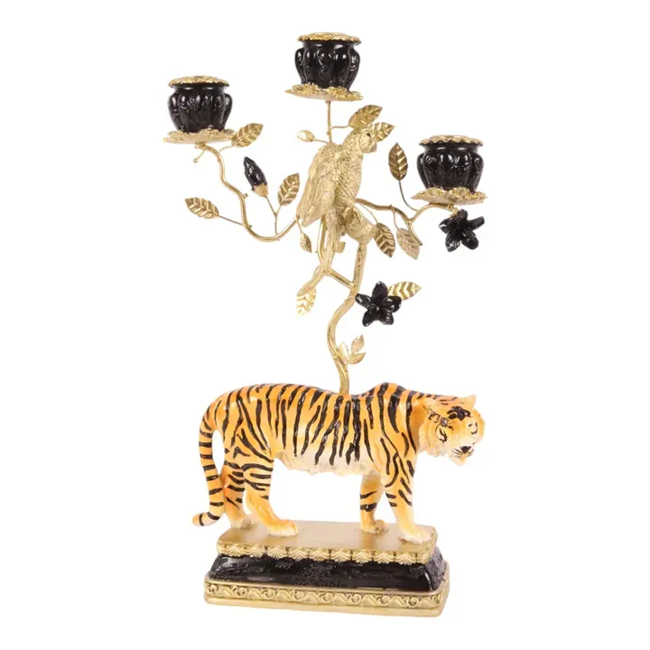 Kerzenhalter Tiger Vogel 3-armig Schwarz Gold Kunstharz 38 cm Tiger-Kerzenhalter 3-armig aus Kunstharz in Schwarz-Gold, 38cm. Exotische Barock-Deko für das Schweizer Zuhause.