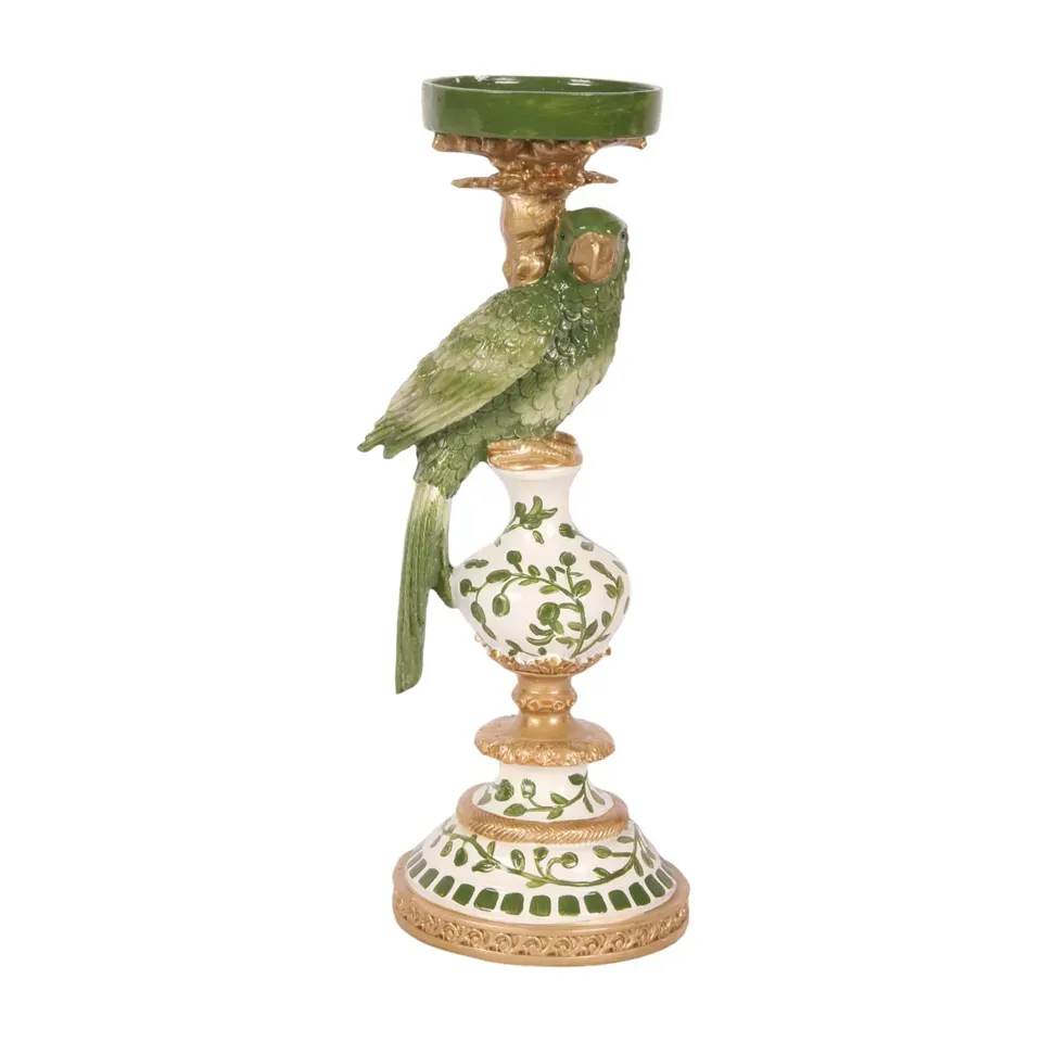 Papageien Kerzenständer Grün Gold Kunstharz Barock 32 cm Grüner Papageien-Kerzenhalter aus Kunstharz mit Goldakzenten, 32cm. Exotische Barock-Deko für das Schweizer Zuhause.