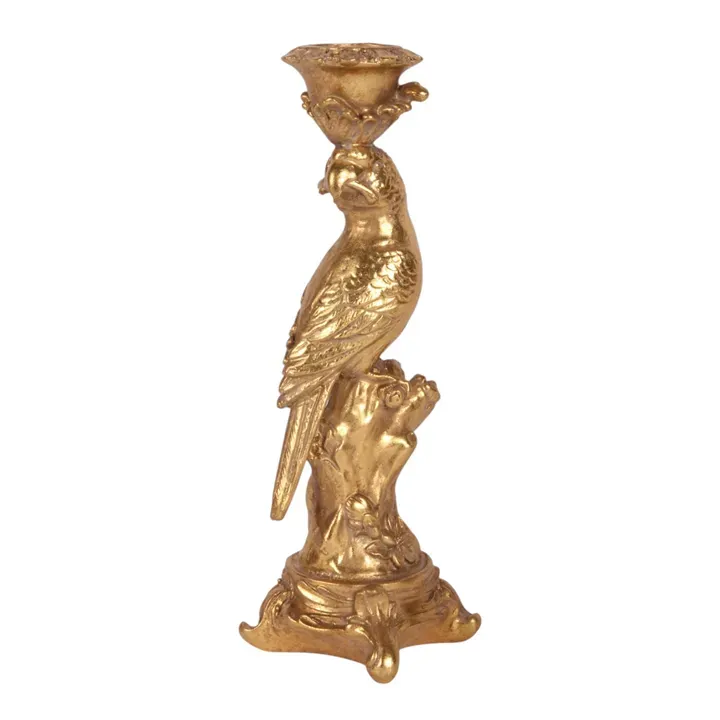 Kerzenleuchter Papagei Vogel Gold Kunstharz Barock 23.5 cm Goldener Papageien-Kerzenständer aus Kunstharz, 23.5cm. Exotische Barock-Dekoration für das Schweizer Zuhause.