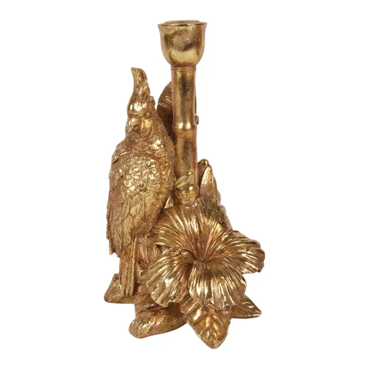 Kerzenleuchter Kakadu Vogel Gold Kunstharz 25 cm Goldener Kakadu-Kerzenleuchter aus Kunstharz mit Blüte, 25cm. Exotische Deko für das Schweizer Zuhause.