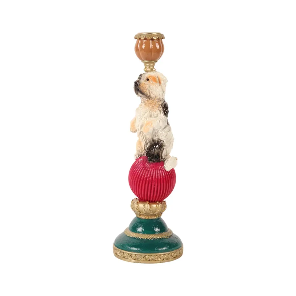 Kerzenständer Hund Ball Mehrfarbig Kunstharz Barock 28.5 cm Bunter Hunde-Kerzenständer auf Kugel aus Kunstharz, 28.5cm. Verspielte Barock-Deko für das Schweizer Zuhause.