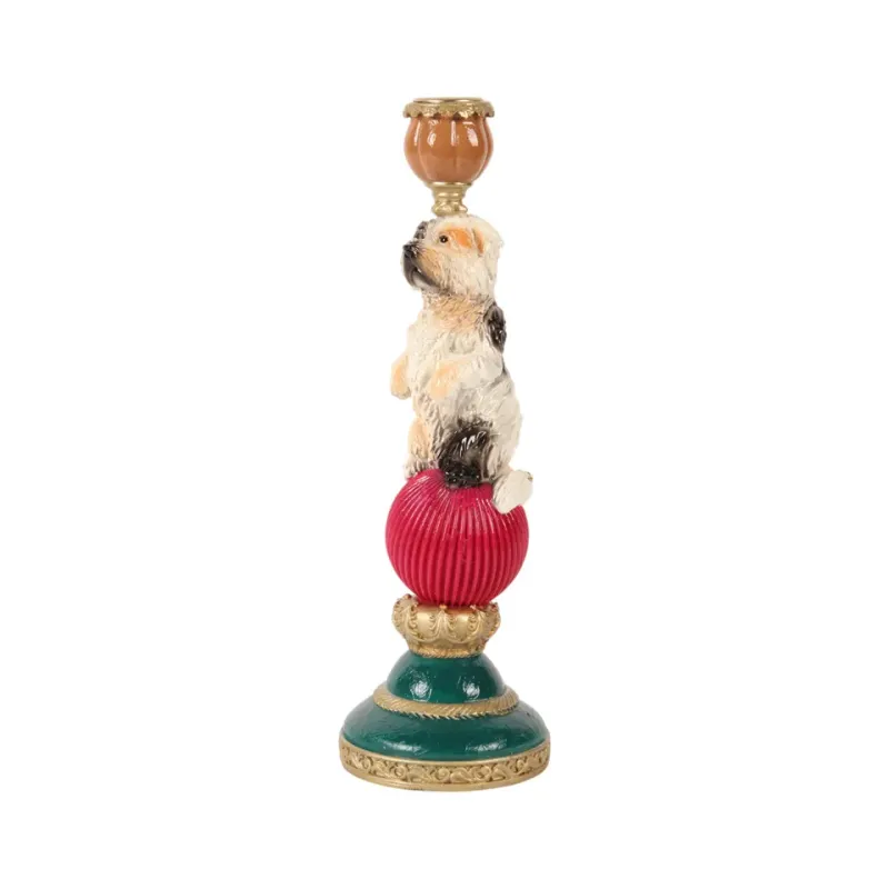 Bunter Hunde-Kerzenständer auf Kugel aus Kunstharz, 28.5cm. Verspielte Barock-Deko für das Schweizer Zuhause.
