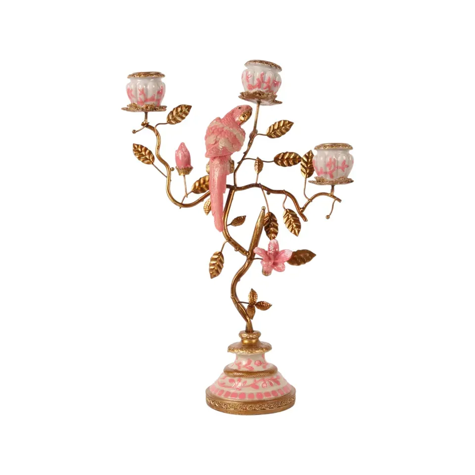 Papageien Kerzenhalter 3-armig Rosa Gold Kunstharz 31.5 cm Rosa-goldener Papageien-Kerzenhalter 3-armig aus Kunstharz, 31.5cm. Tropischer Vintage-Blickfang fürs Schweizer Zuhause.