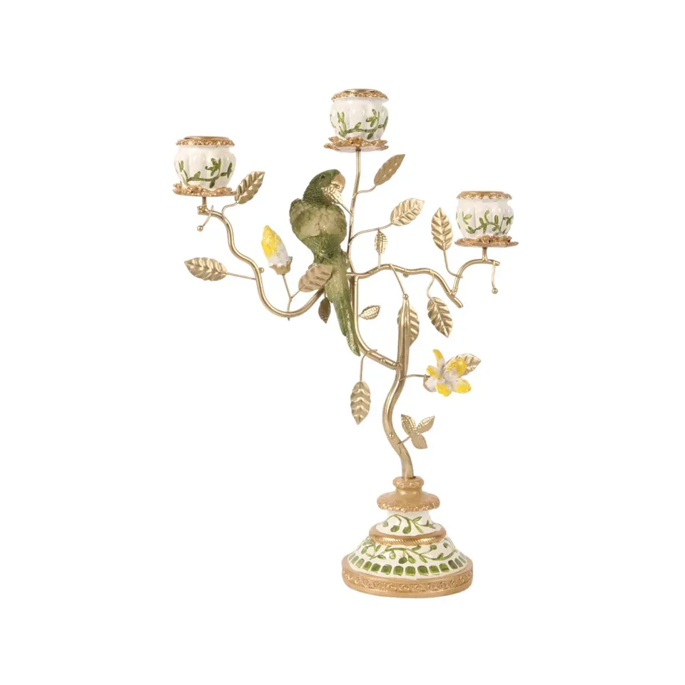 Grün-goldener Papageien-Kerzenhalter 3-armig aus Kunstharz, 31.5cm. Tropischer Vintage-Blickfang fürs Schweizer Zuhause.