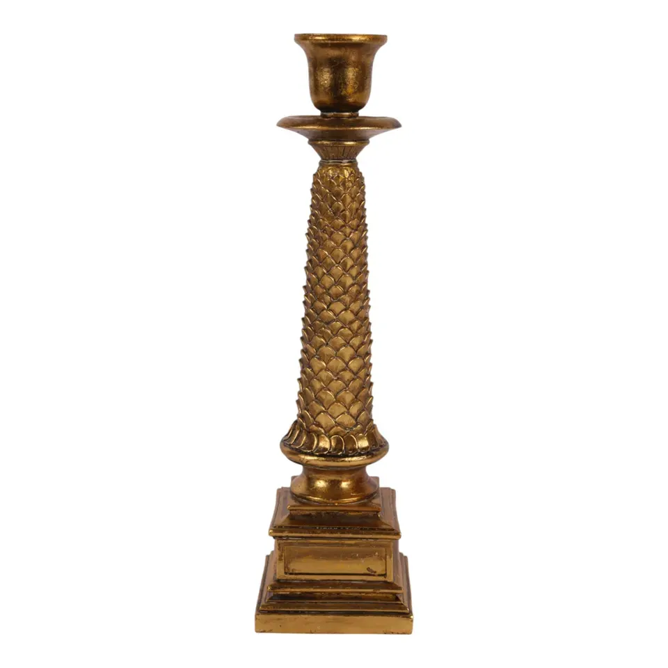 Hoher goldener Vintage-Kerzenständer aus Kunstharz, 37.5cm. Edler Säulen-Kerzenhalter fürs Schweizer Zuhause.