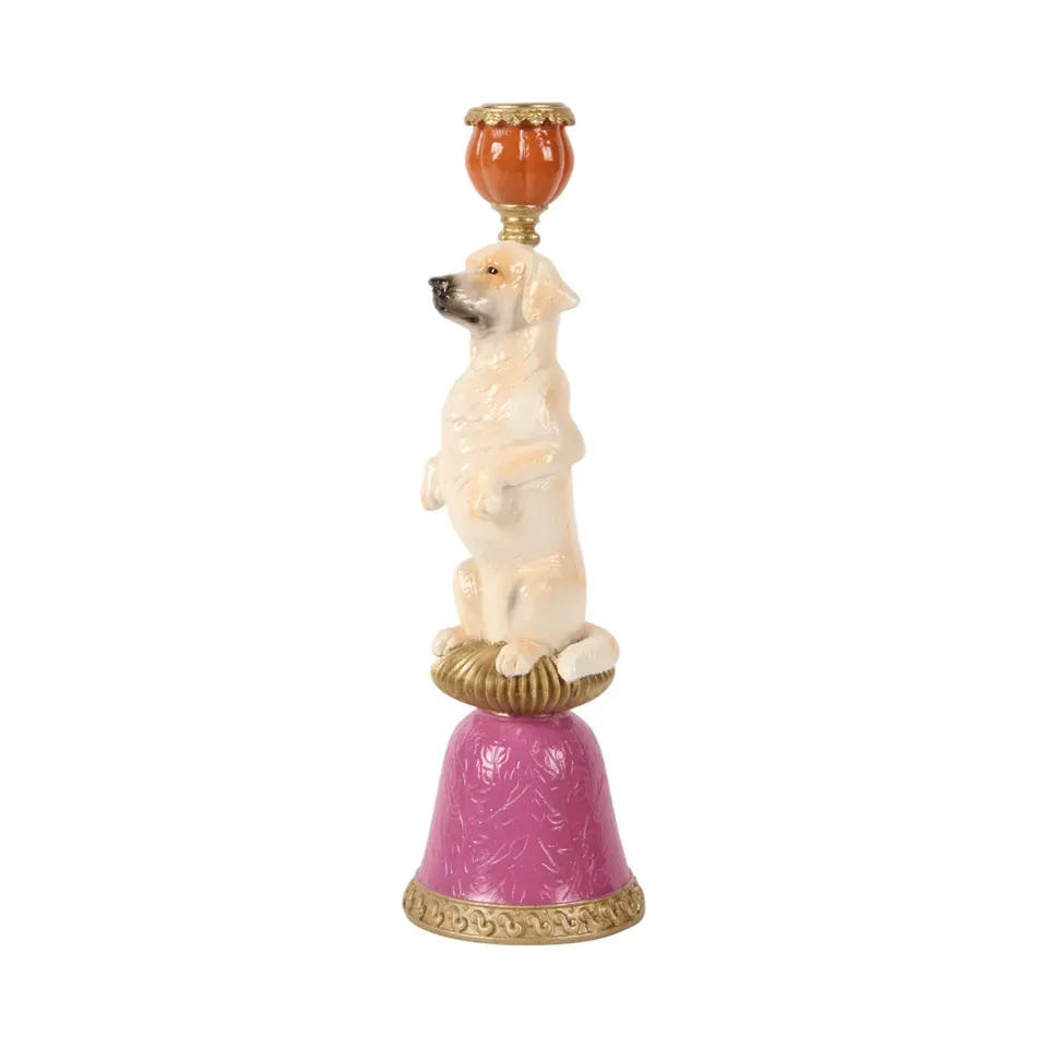 Kerzenständer Hund Labrador Mehrfarbig Kunstharz 28.5 cm Bunter Hunde-Kerzenständer auf rosa Sockel aus Kunstharz, 28.5cm. Verspielte Barock-Deko für das Schweizer Zuhause.