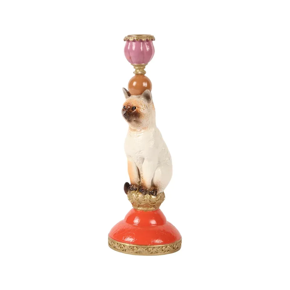 Kerzenständer Katze Siam Mehrfarbig Kunstharz Barock 26 cm Bunter Katzen-Kerzenständer aus Kunstharz in Siamesen-Optik, 26cm. Verspielte Barock-Dekoration für das Schweizer Zuhause.