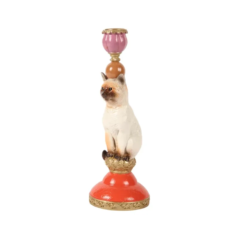 Bunter Katzen-Kerzenständer aus Kunstharz in Siamesen-Optik, 26cm. Verspielte Barock-Dekoration für das Schweizer Zuhause.
