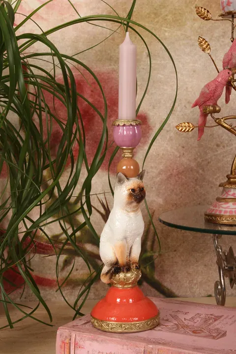 Kerzenständer Katze Siam Mehrfarbig Kunstharz Barock 26 cm