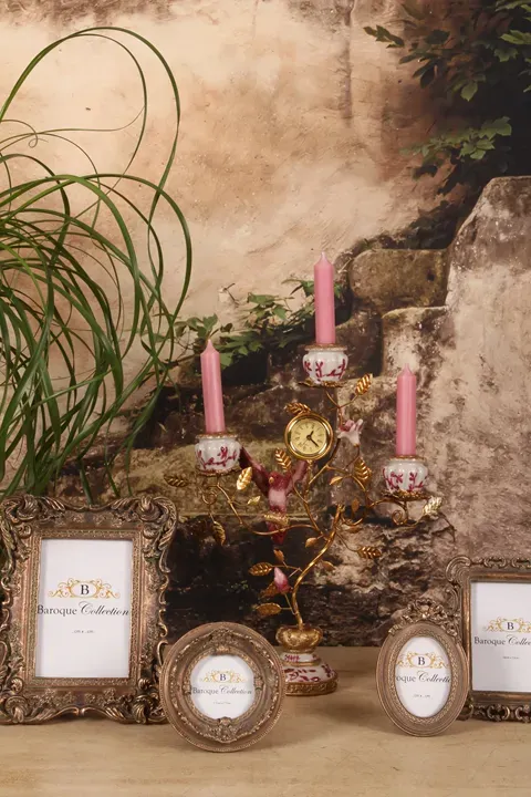 Kerzenständer Papagei mit Uhr 3-armig Rot Gold 32 cm