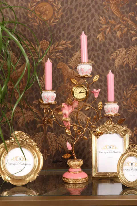 Kerzenhalter Papagei mit Uhr 3-armig Rosa Gold 32 cm