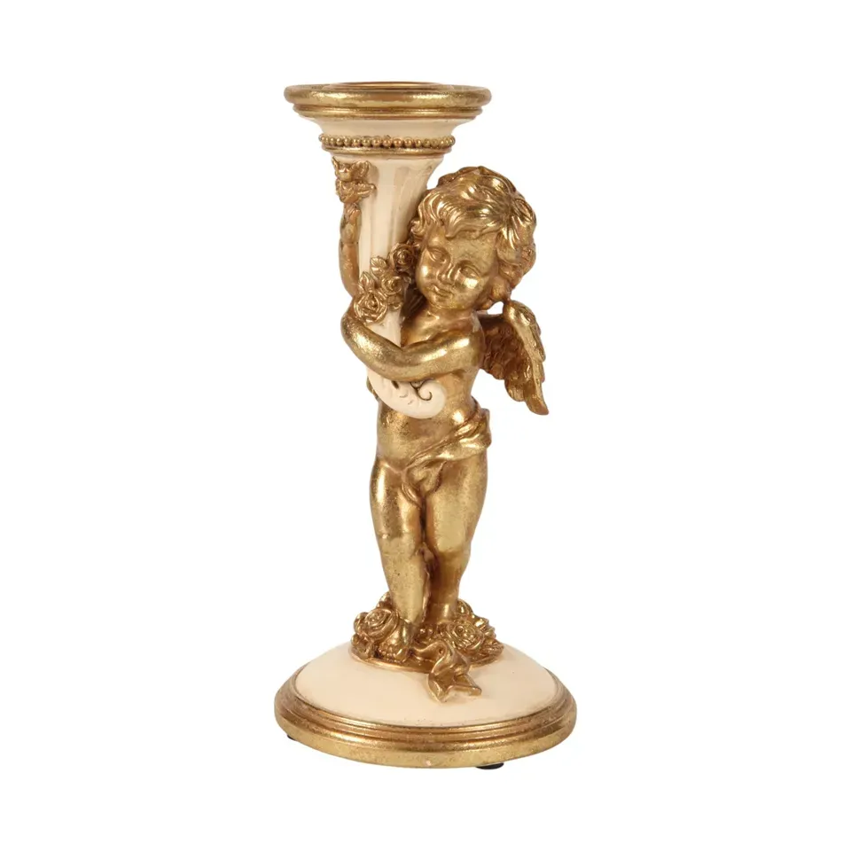 Engel Kerzenständer Creme Gold Kunstharz Barock 16 cm Putten-Engel Kerzenständer aus Kunstharz in Creme und Gold, 16cm. Barocker Putten-Kerzenhalter.