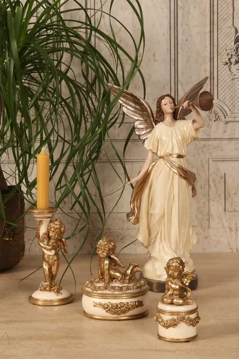 Engel Kerzenständer Creme Gold Kunstharz Barock 16 cm