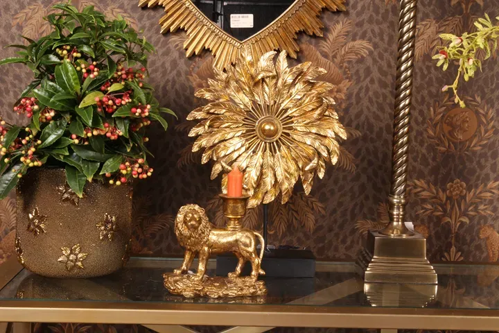 Löwenleuchter Kerzenständer Löwe Gold Kunstharz 17 cm