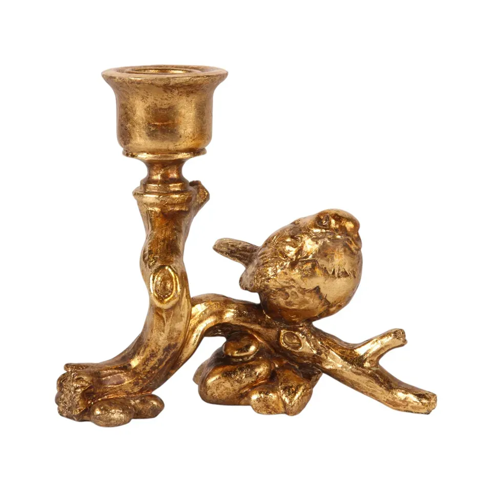 Vogelleuchter Kerzenständer Vogel Ast Gold Kunstharz 14 cm Goldener Vogelleuchter aus Kunstharz mit einem Vogel auf einem Ast, 14cm hoch. Kerzenhalter in Antikgold