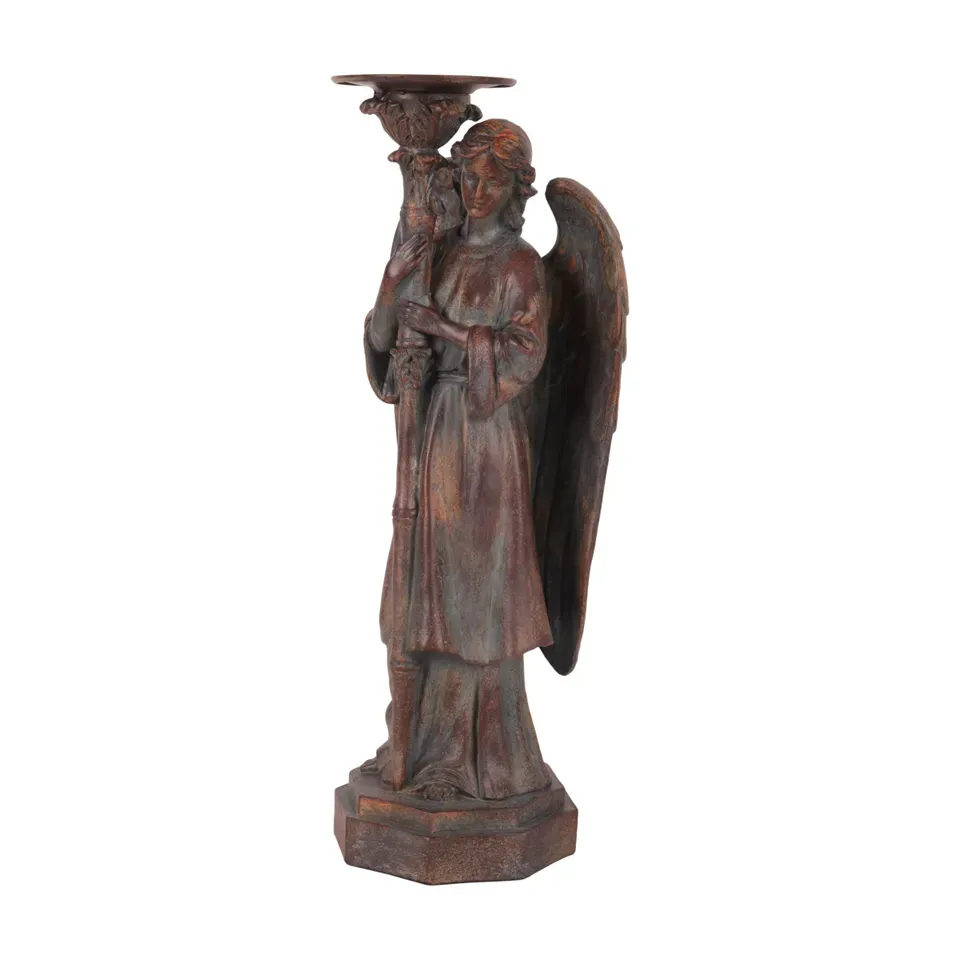 Engel Kerzenhalter Antikbraun Kunstharz Figur Links 40 cm Stehender Engel als Kerzenhalter aus Kunstharz in Antikbraun, 40cm hoch (Gegenstück). Engelsfigur mit Kerzenteller.