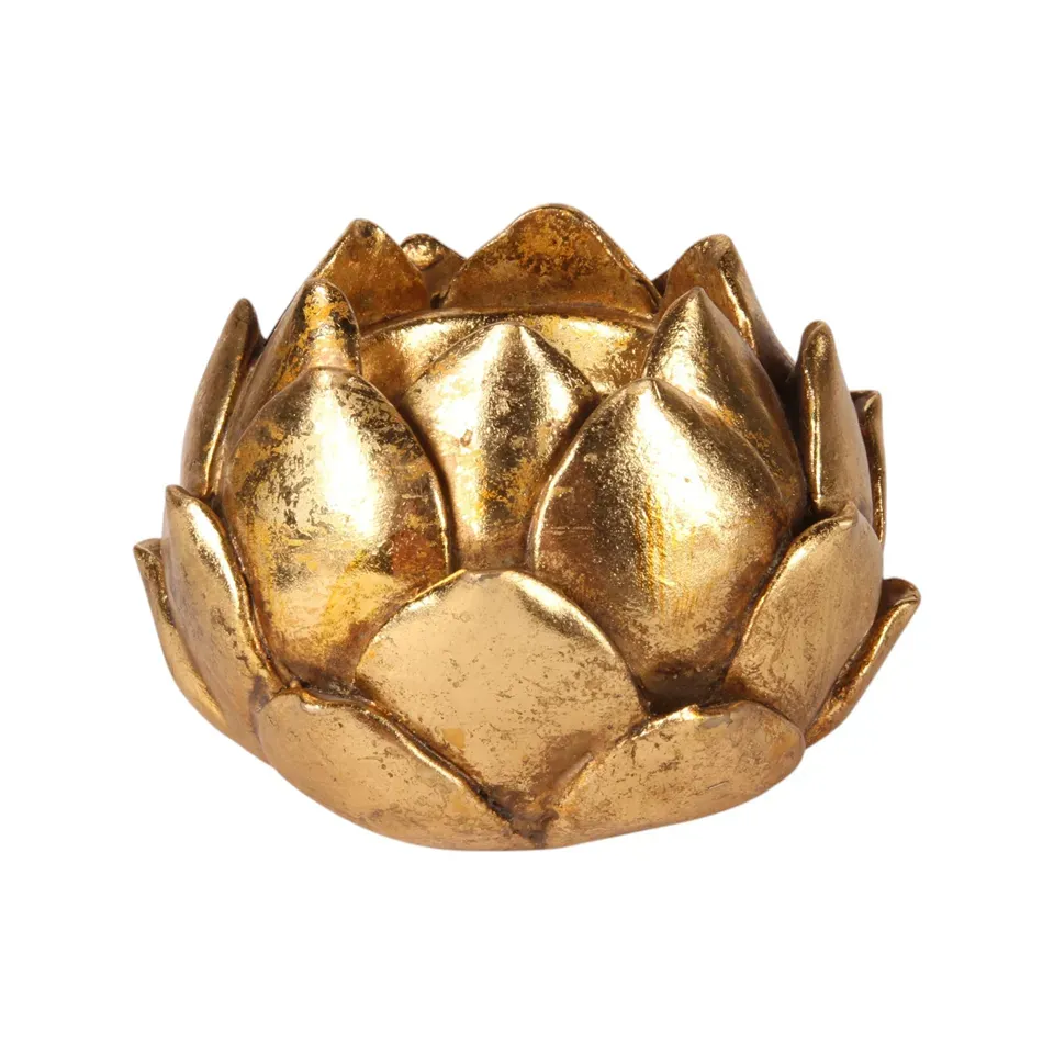 Goldener Teelichthalter in Lotusblüten-Form aus Kunstharz, 7cm hoch. Eleganter Blütenleuchter in Antikgold