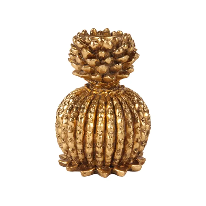 Goldener Kaktus-Kerzenleuchter aus Kunstharz in Kugelform, 10.5cm. Aussergewöhnlicher Kerzenhalter in Antikgold.
