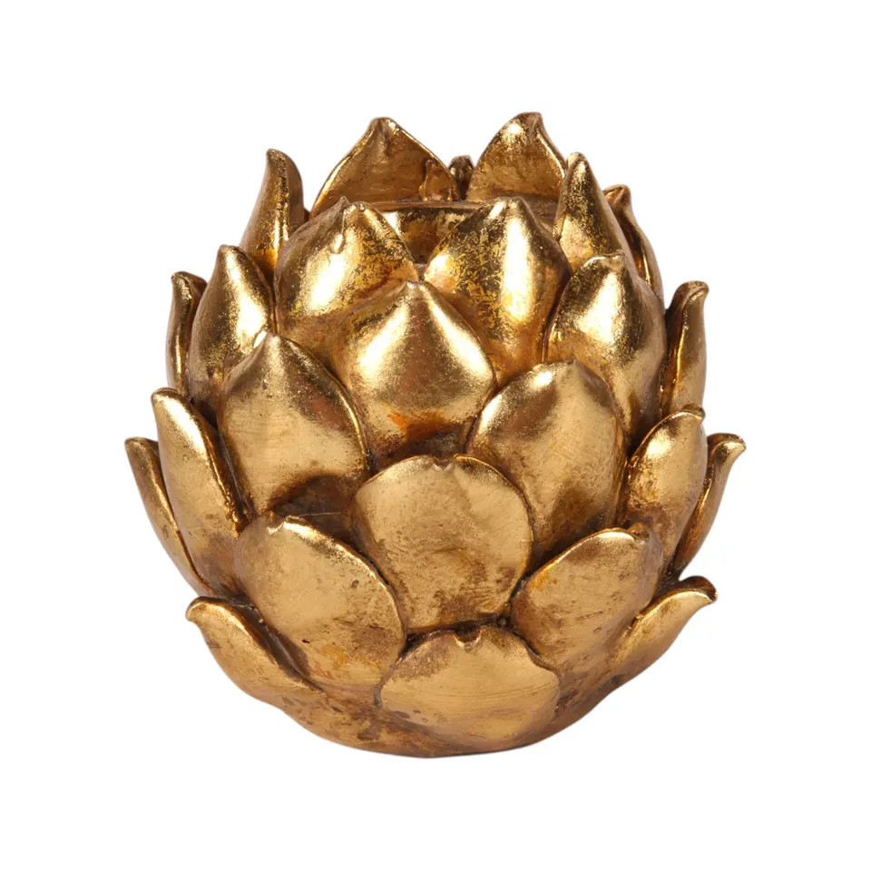 Blumenleuchter Artischocke Gold Kunstharz Vintage 11 cm Goldener Kerzenhalter Artischocke aus Kunstharz, 11cm. Eleganter Blütenleuchter in Antikgold.