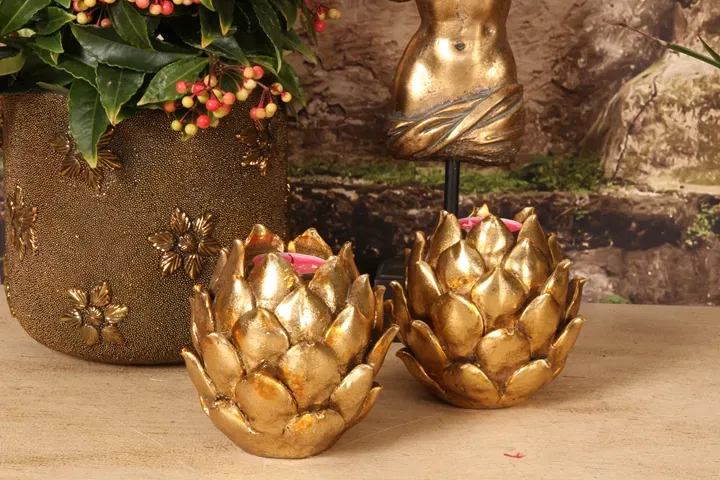 Blumenleuchter Artischocke Gold Kunstharz Vintage 11 cm