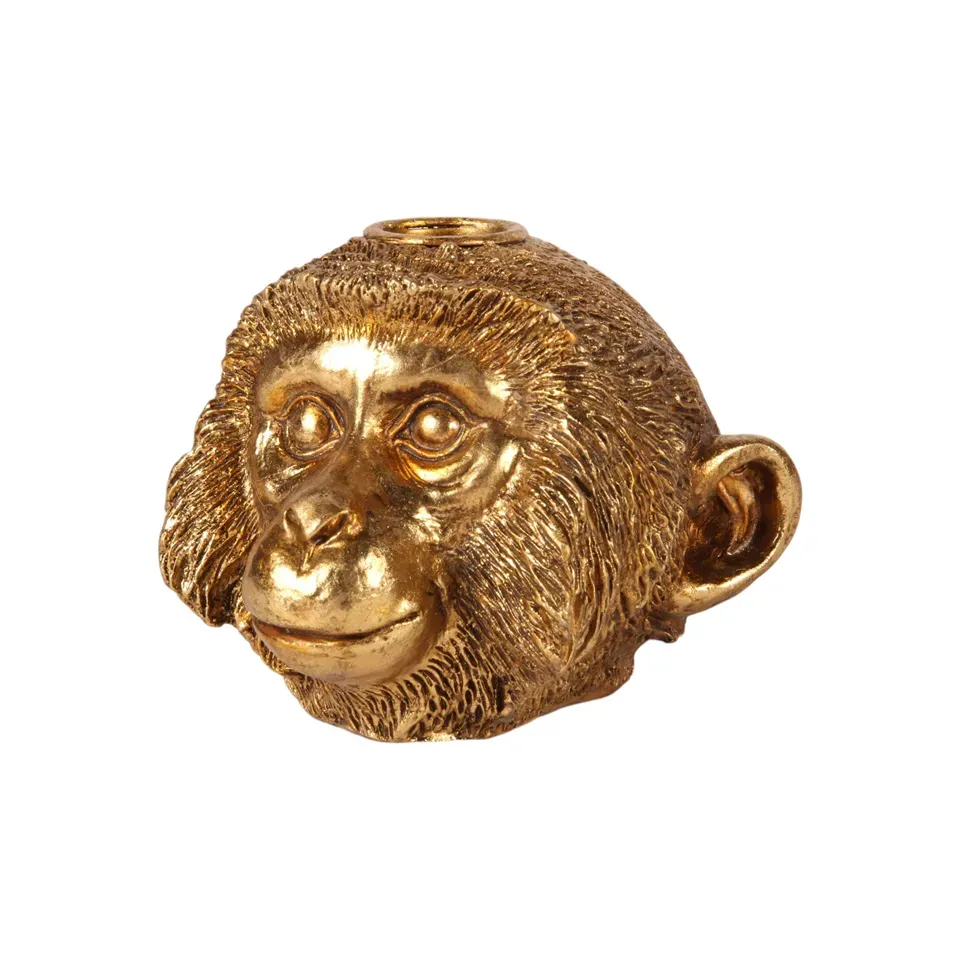 Goldener Affenkopf-Kerzenhalter aus Kunstharz, 10.5cm hoch. Origineller Tierleuchter in Antikgold.
