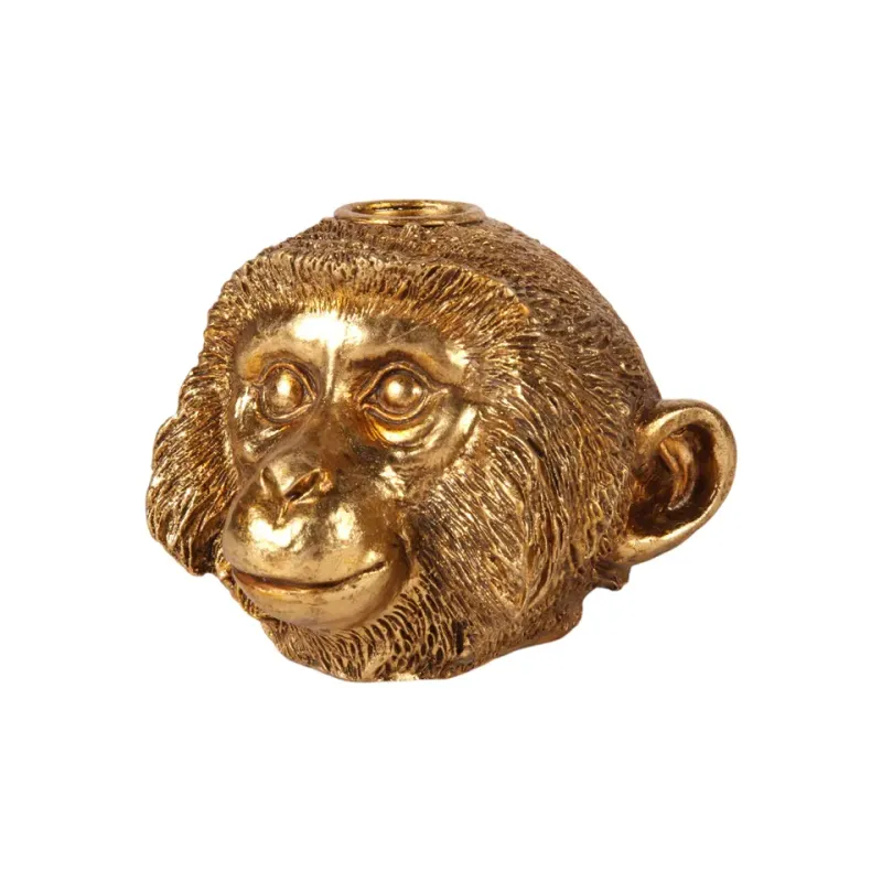 Goldener Affenkopf-Kerzenhalter aus Kunstharz, 10.5cm hoch. Origineller Tierleuchter in Antikgold.