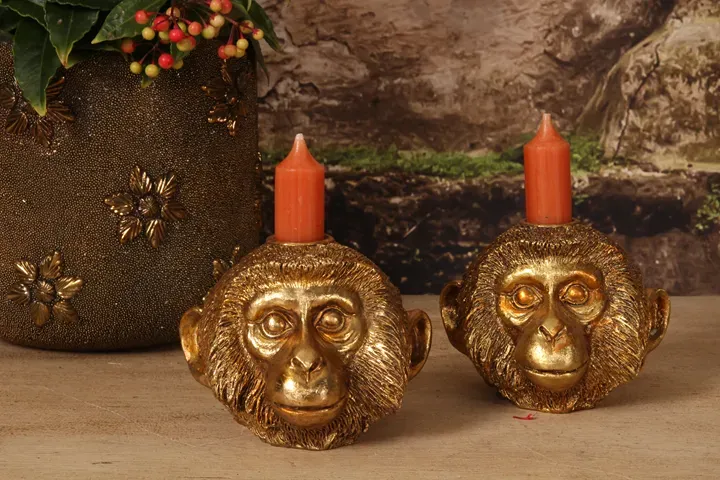 Affenleuchter Kerzenständer Affenkopf Gold Kunstharz 10.5 cm