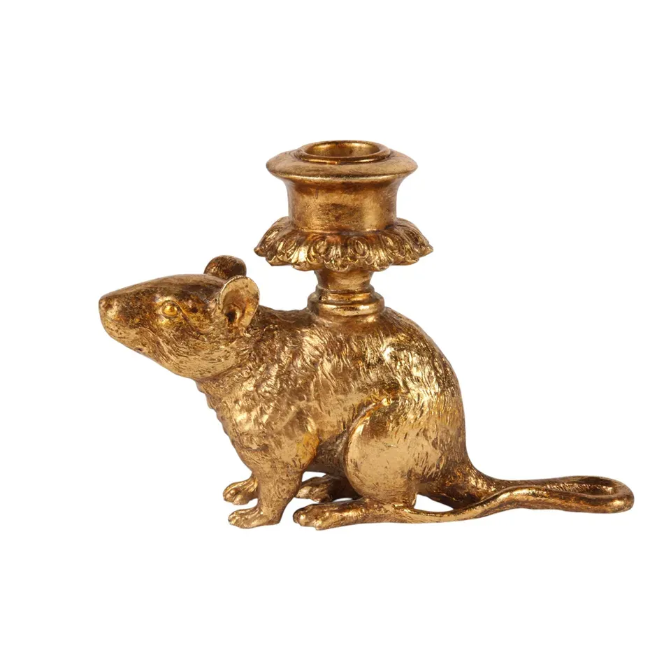 Goldener Ratten-Kerzenleuchter aus Kunstharz in Antikgold, 12cm hoch. Maus-Figur mit Kerzenkelch auf dem Rücken.